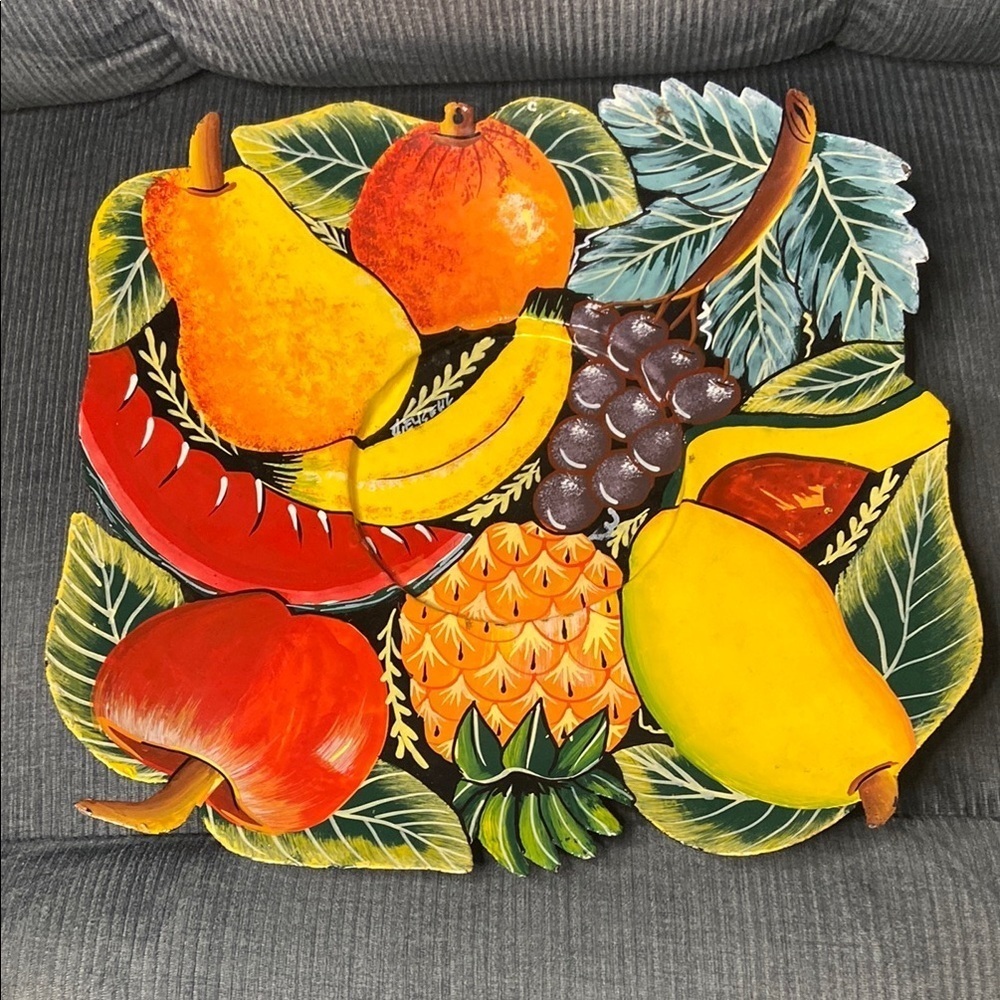 Vintage Painted Decorative Metal Fruit Plate Vivid Colorful